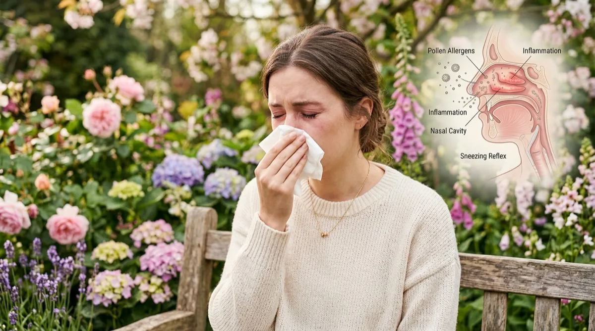 Pessoa com sintomas de rinite alérgica — nariz a pingar e espirros em ambiente de primavera com flores e pólen