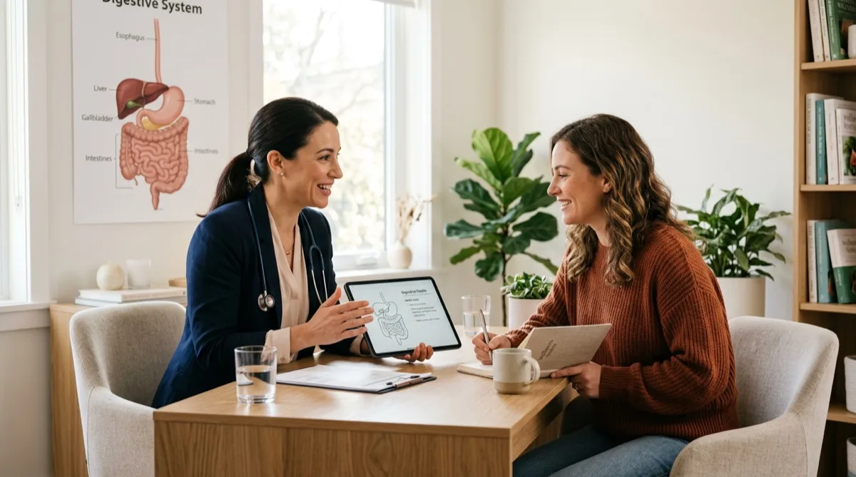 Ilustração do aparelho digestivo com destaque para o intestino delgado e sobrecrescimento bacteriano