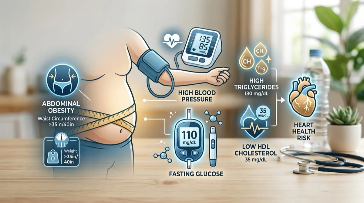 Ilustração médica sobre síndrome metabólica e fatores de risco cardiovascular