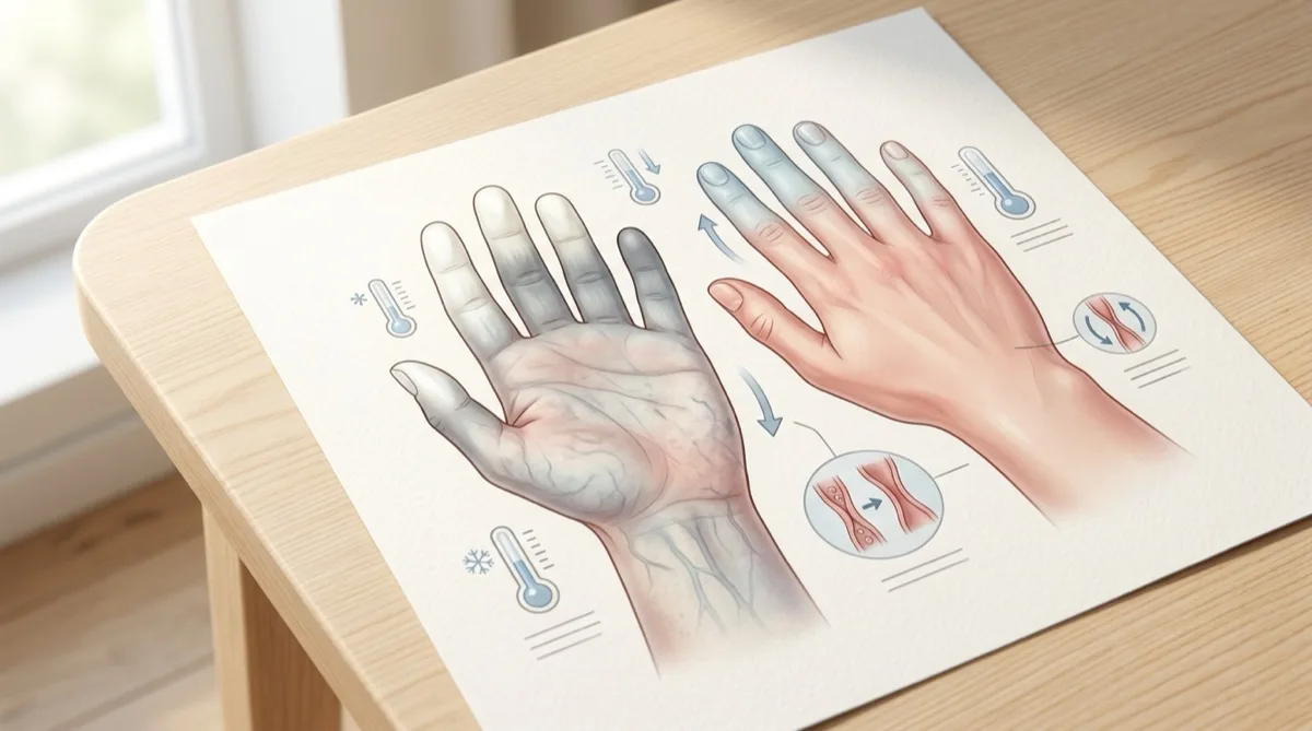 Ilustração de mãos com dedos brancos e azuis durante uma crise de síndrome de Raynaud