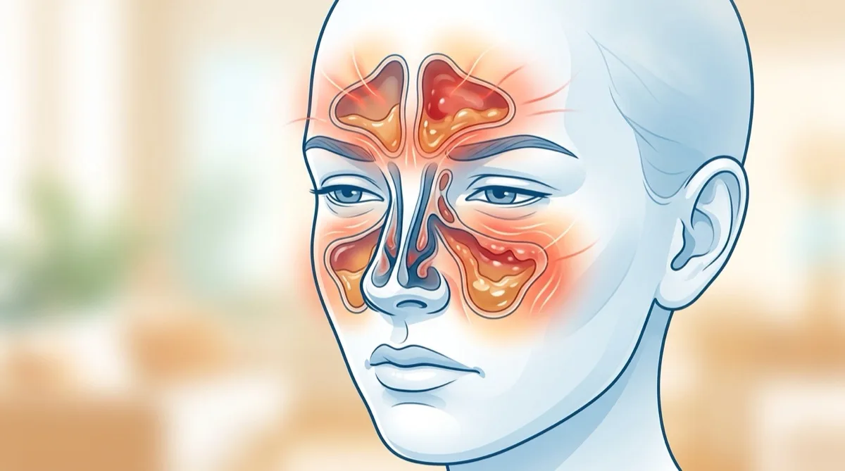 Pessoa com dor facial e congestão nasal típica de sinusite — representação dos seios paranasais inflamados