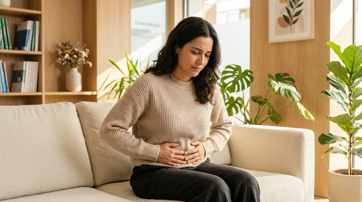 Mulher com expressão desconfortável a segurar o abdómen, representando os sintomas da tensão pré-menstrual