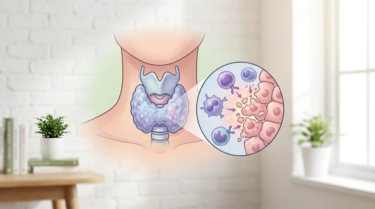 Ilustração da glândula tiróide com destaque para processo autoimune da tiroidite de Hashimoto