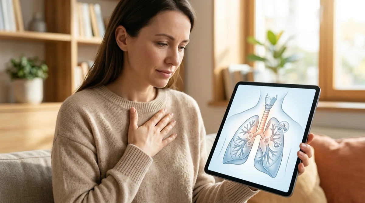 Ilustração médica do sistema respiratório com destaque para as vias aéreas, representando a tosse crónica