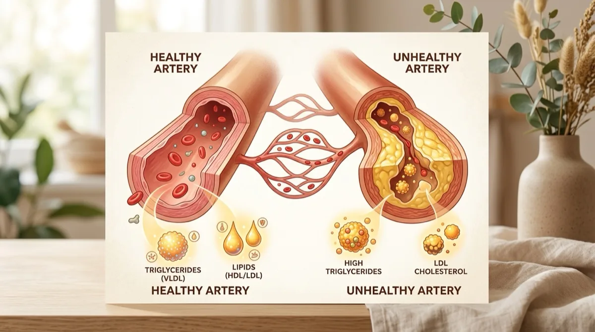 Ilustração médica sobre triglicéridos altos e risco cardiovascular