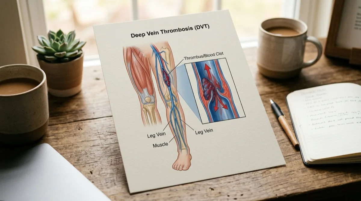 Ilustração médica da trombose venosa profunda mostrando coágulo numa veia da perna