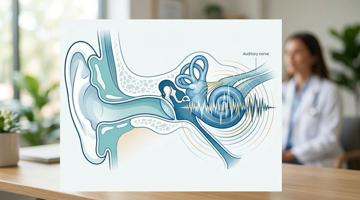 Ilustração médica do ouvido interno com representação do zumbido nos ouvidos (tinnitus)